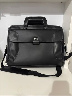 HP Black Leather Laptop Messenger Briefcase with Shoulder Strap